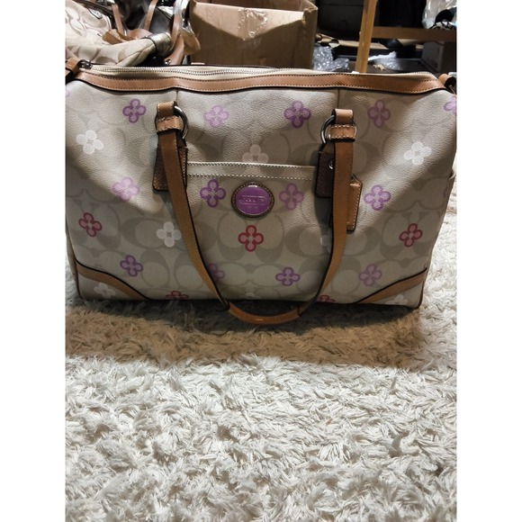Coach Handbags - 35.Coach Signature Floral Print Satchel Bag Khaki Purple Leather Trim F77377